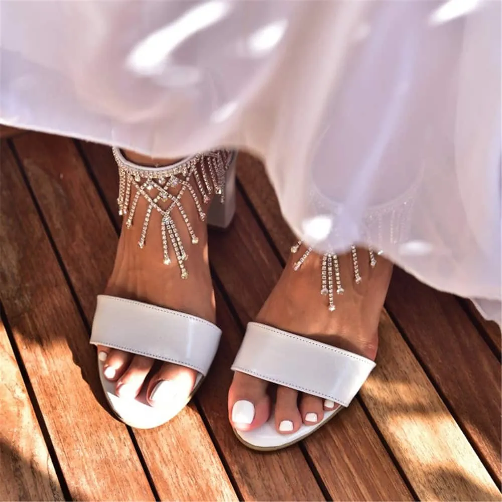 White high-heeled thick heels tassel wedding party shoes