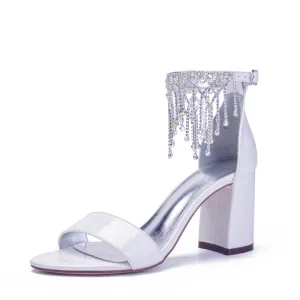 White high-heeled thick heels tassel wedding party shoes