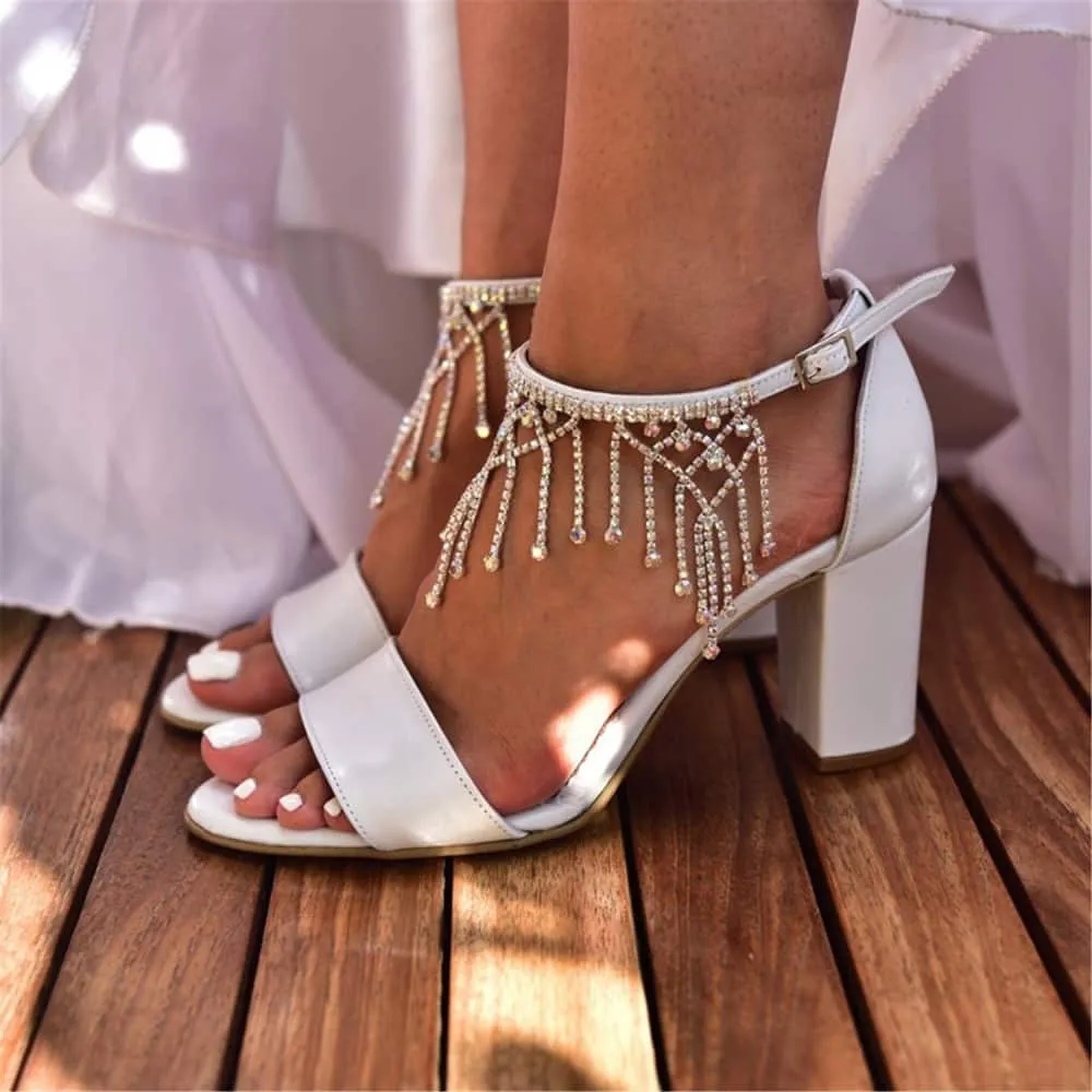 White high-heeled thick heels tassel wedding party shoes