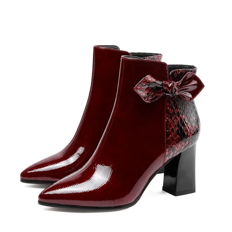 Women Autumn   Patent Leather Zip Bowtie Ankle Boots Snake Skin Pointed Toe Woman High Heels Female Mixed Color Shoes