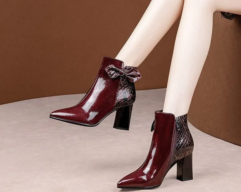 Women Autumn   Patent Leather Zip Bowtie Ankle Boots Snake Skin Pointed Toe Woman High Heels Female Mixed Color Shoes